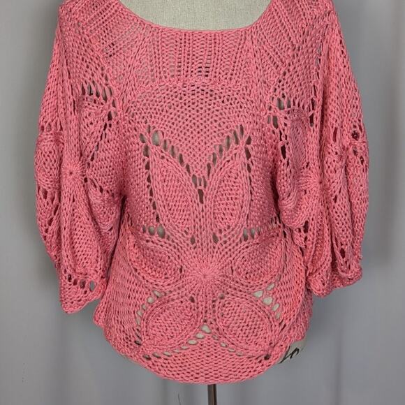 Vintage Chaudry KC Floral Open Knit Boho Crochet Sweater Pink - Picture 10 of 11